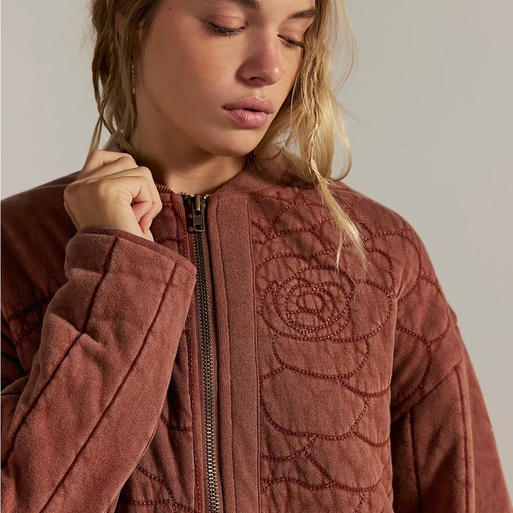 $385 FREE PEOPLE Rose Brown Quilted Sweatshirt Cinammon Bomber Jacket S - Picture 4 of 11